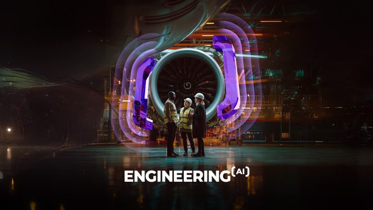 Three people in safety gear stand under a large jet engine surrounded by futuristic neon lights. The word "ENGINEERING(AI)" appears at the bottom of the image. The scene is modern and high-tech.