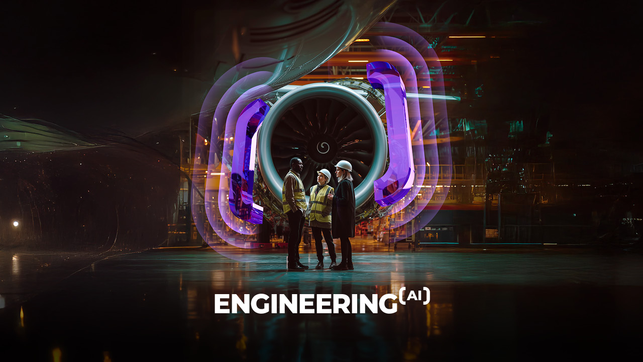 Three people in safety gear stand under a large jet engine surrounded by futuristic neon lights. The word "ENGINEERING(AI)" appears at the bottom of the image. The scene is modern and high-tech.