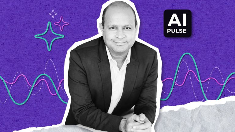 A man in a suit smiles at the camera against a purple textured background with colorful wave and star doodles. A black square with "AI PULSE" is in the upper right corner.