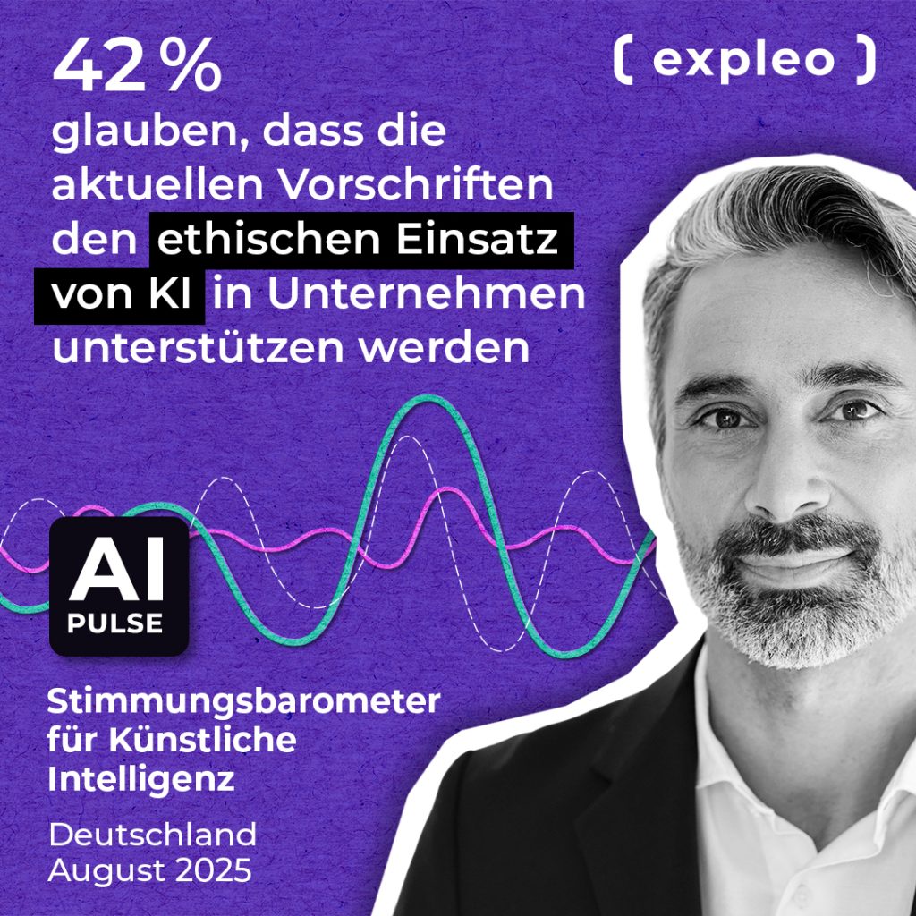 A graphic features a man with salt-and-pepper hair in a suit, text about AI regulations in German, a stylized soundwave, and logos for "expleo" and "AI Pulse." Text states 42% believe current rules support ethical AI use in companies.