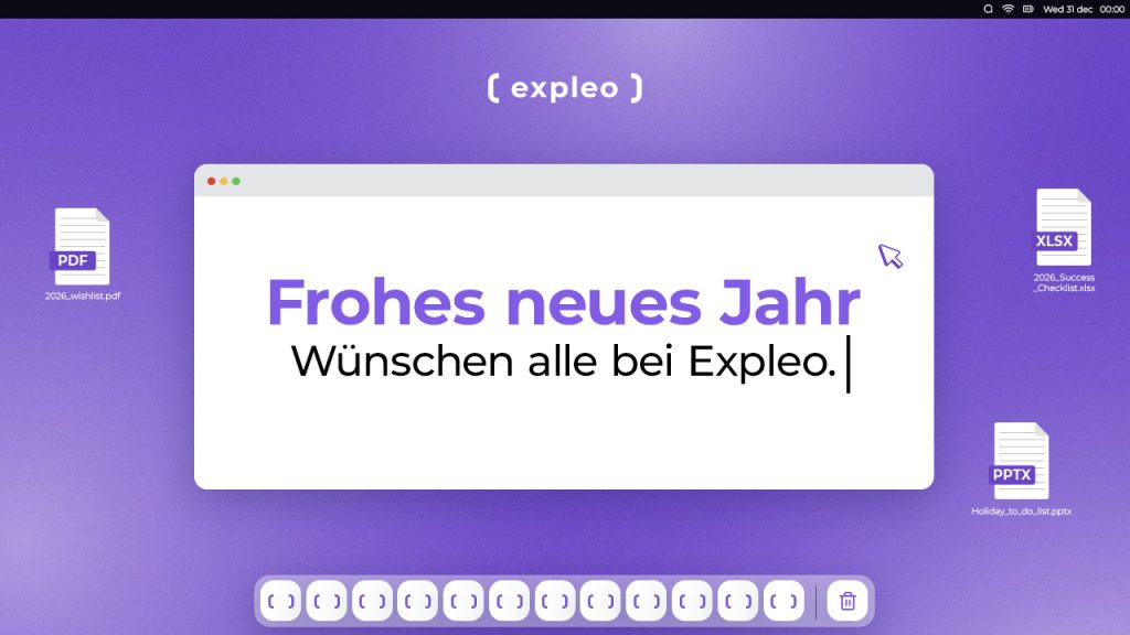 A purple graphic displays a browser window with the text "Frohes neues Jahr wünschen alle bei Expleo." Above is the Expleo logo; PDF, XLSX, and PPTX icons appear on each side and at the bottom.