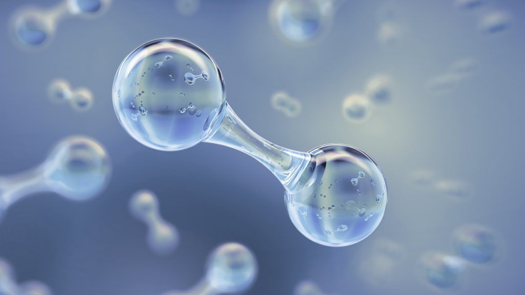 A 3D illustration of a transparent hydrogen molecule, consisting of two connected spheres, floats among several similar molecules on a soft blue background.
