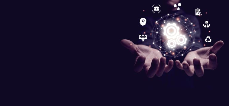 Two hands appear to be holding a glowing, interconnected digital sphere in a dark background. Various icons representing technology, such as gears, a lightbulb, and network symbols, are scattered around the sphere, symbolizing innovation and technological connections.