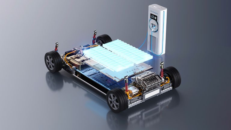 Diagram of an electric vehicle chassis showing battery pack, wheels, and suspension, connected to a charging station by a blue cable, illustrating the process of charging the EV battery.
