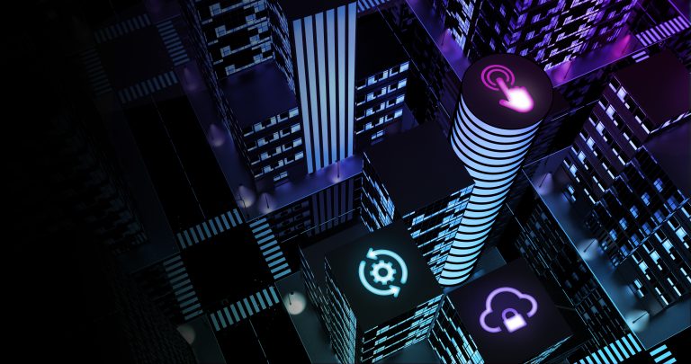 A futuristic cityscape with glowing neon lights features tall buildings adorned with digital icons, including a hand touching a button, a gear, and a cloud, signifying technology and connectivity. The setting is dark, accentuating the vibrant colors.