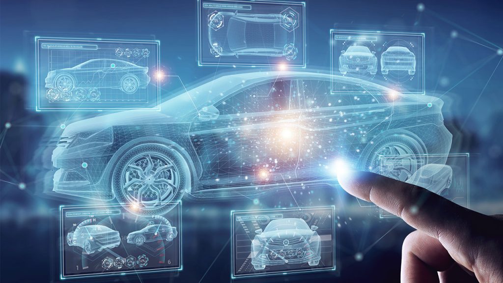 Finger touching a digital screen and showing a car