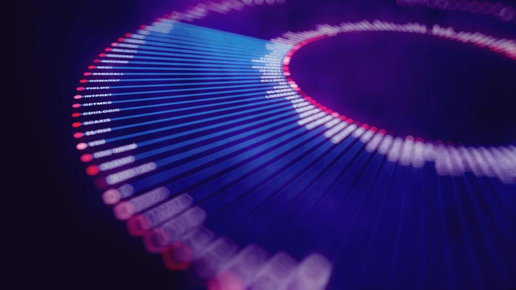 Abstract radial chart with glowing lines and dots on a dark background. The lines radiate outward from a central circle, forming a pattern reminiscent of "Demystifying Hyperautomation: Helpful or Hype?", highlighting key information with various colors and intensities.
