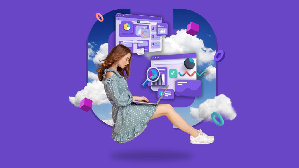 A woman in a blue polka-dotted dress and white sneakers sits with a laptop on her lap against a vibrant purple backdrop. Behind her, cloud graphics and floating 3D elements display charts, graphs, and various digital widgets.