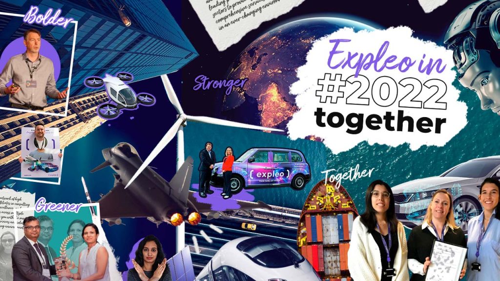 A colorful collage highlighting various technological advancements and achievements themed around "Expleo in 2022 Together." It features futuristic imagery, drones, people in professional settings, and text promoting a stronger, greener, and bolder vision.