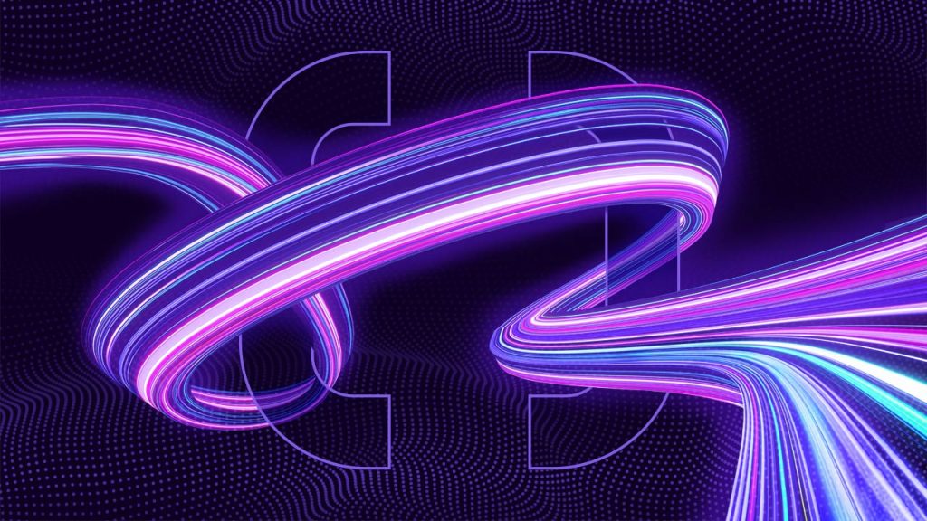 Neon pink and blue light streams twisting dynamically against a dotted dark blue background, creating a vibrant and futuristic abstract design.