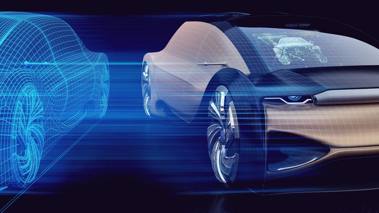 A digital rendering of a futuristic car, showcasing a sleek, aerodynamic design. The image features both a solid and a wireframe version of the car, emphasizing its advanced technological aspects and innovative engineering. Blue streaks suggest high speed and motion.