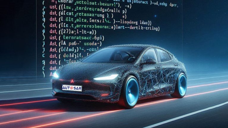 A futuristic car with a digital, high-tech design drives on a road, surrounded by glowing lines and a background filled with code. The license plate reads "AUTOSAR." The scene highlights advanced technology and innovation in the automotive industry.