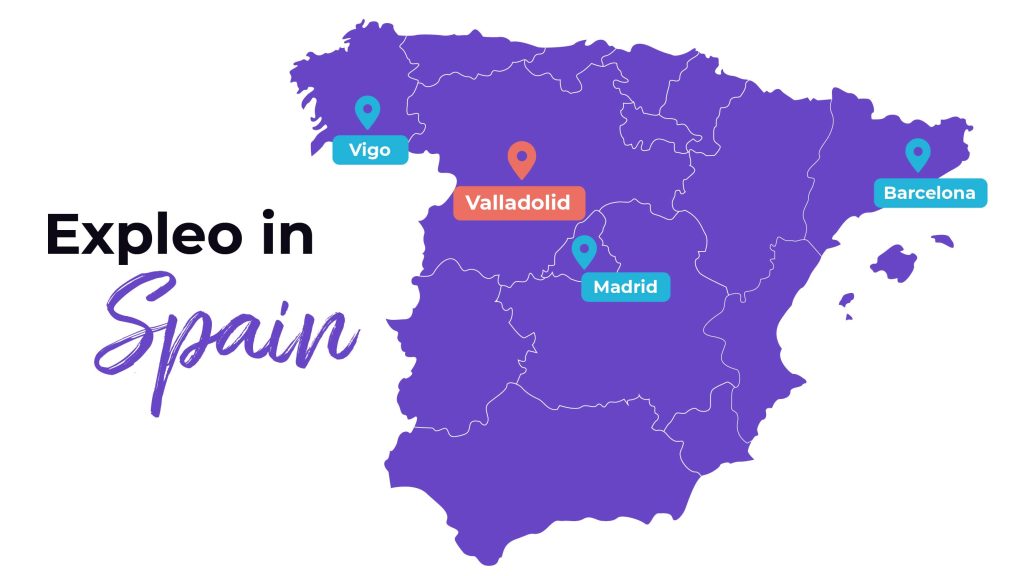 Expleo's presence across spain, highlighting locations in vigo, valladolid, madrid, and barcelona on a stylized map.
