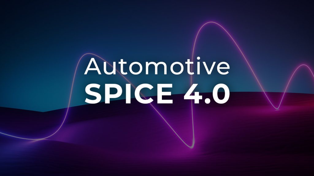 A vibrant, futuristic graphic with a dark gradient background and neon-like waveforms in purple and pink. The text "Automotive SPICE 4.0" is prominently displayed in the center.