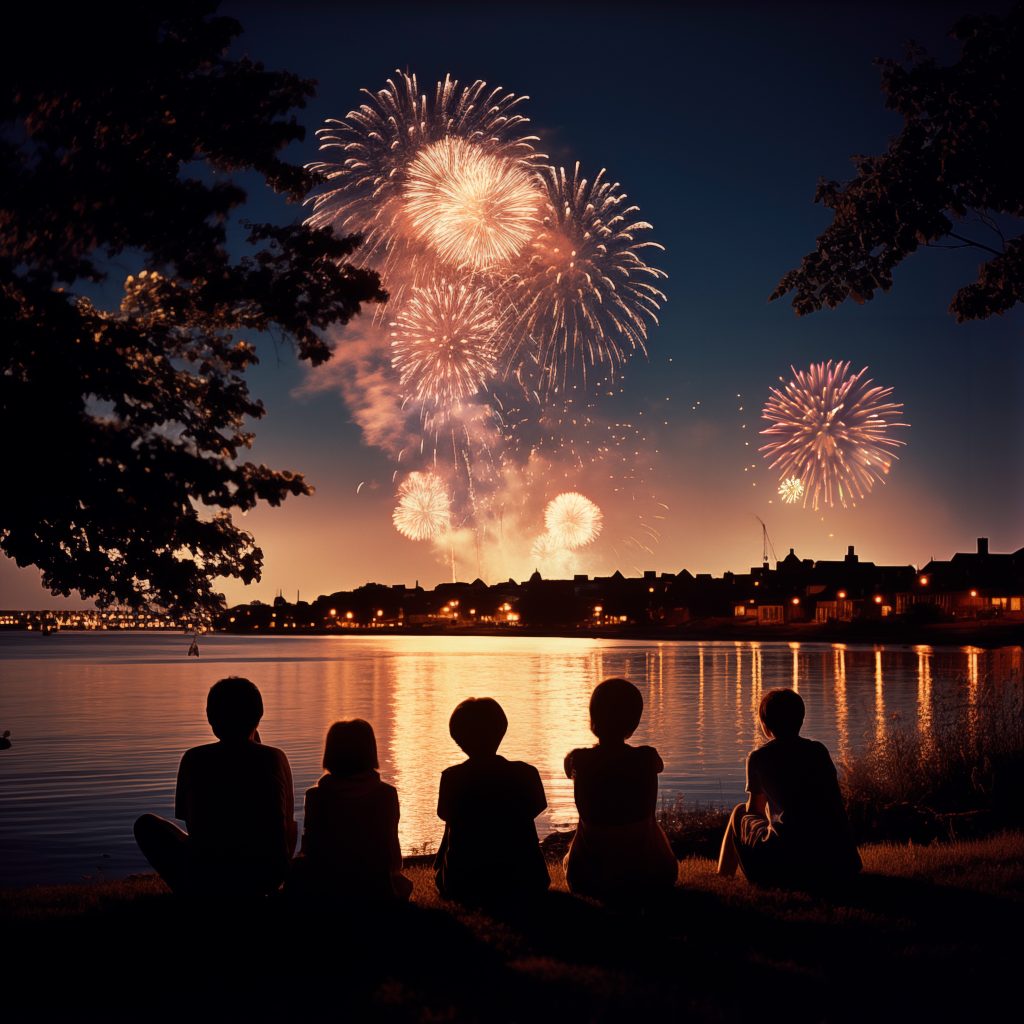 Five people sit on a grassy bank by a lake, watching a vibrant fireworks display in the night sky. The reflections of the fireworks and distant town lights shimmer on the water, creating a picturesque and festive scene. Trees frame the serene foreground.