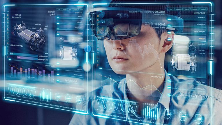 A person wearing a virtual reality headset looks at futuristic digital holograms of data and graphs, conveying a high-tech analysis scenario.