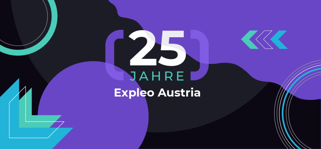 Graphic design with text "25 Jahre Expleo Austria" in white and green on a purple, black, and teal abstract background with geometric shapes and circles.