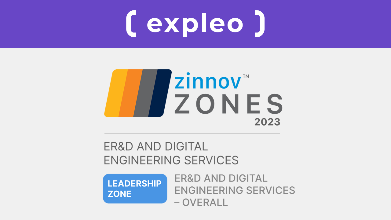 Logo of expleo above the logo of zinnov zones 2023, featuring text about er&d and digital engineering services in the leadership zone for engineering. background is purple.