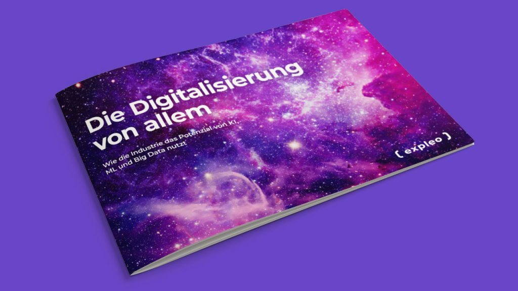 A book titled "Die Digitalisierung von allem" rests on a purple background, its cover showcasing a vivid galaxy-themed design with swirling cosmic colors.