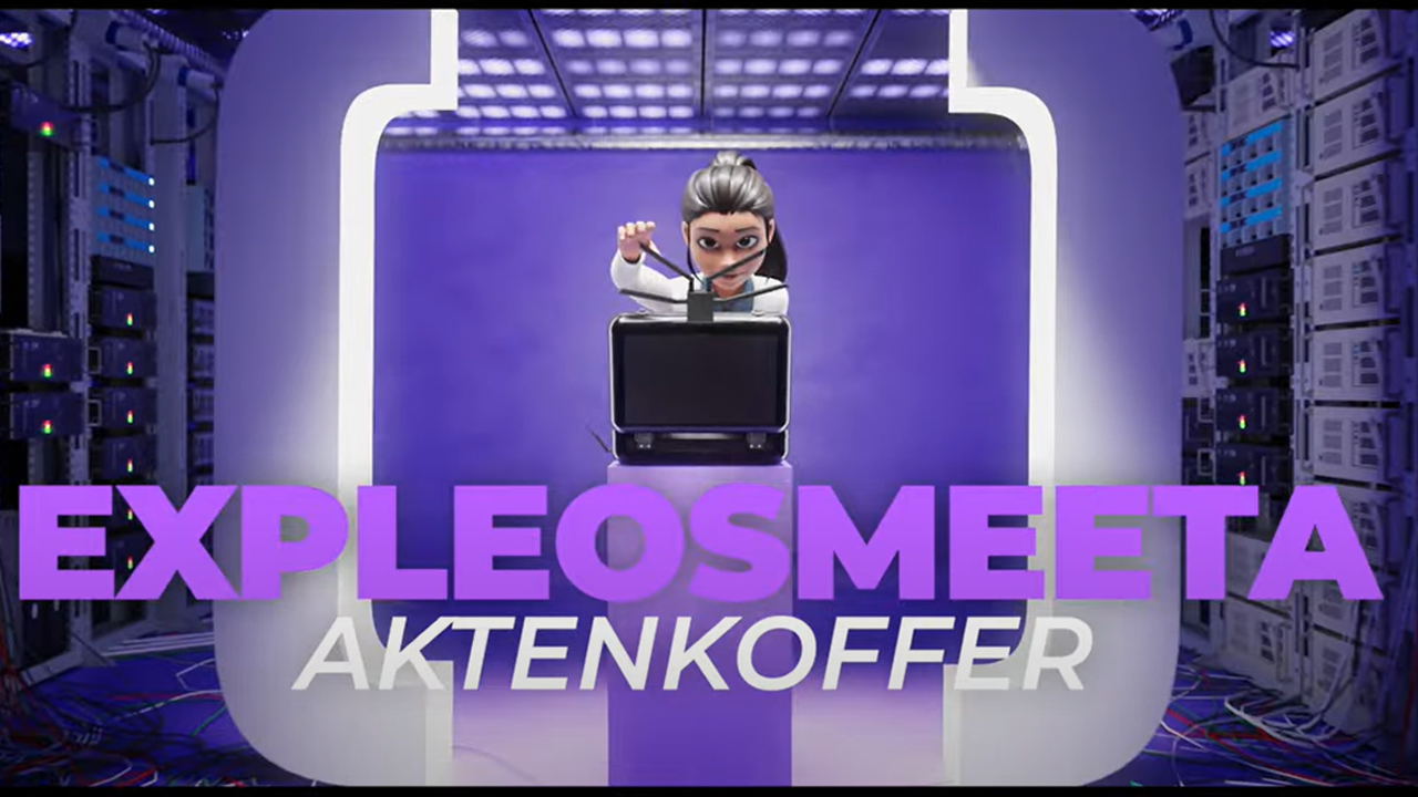 An animated character, resembling a businessperson, pops up from a briefcase in a vibrant virtual environment surrounded by data servers, with the text "smeta aktenkoffer" displayed prominently.