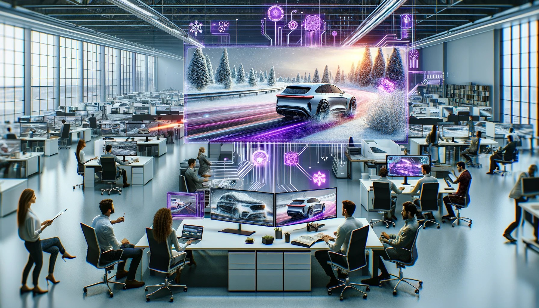 Futuristic automotive design studio where creative professionals work on innovative car concepts with advanced virtual reality technology within a high-tech environment, simplifying data analysis to enhance decision-making.