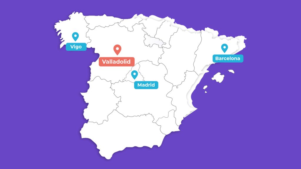 Map of spain highlighting locations with colored pins: vigo, valladolid, madrid, and barcelona on a purple background.