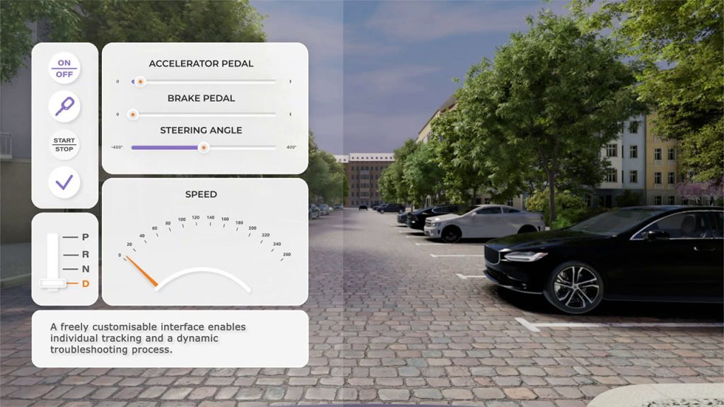 A car dashboard simulation is overlaid on a view of a city street with parked cars, showing accelerator and brake pedal levels, steering angle, gear shift, and speedometer, alongside interface controls and a descriptive note.