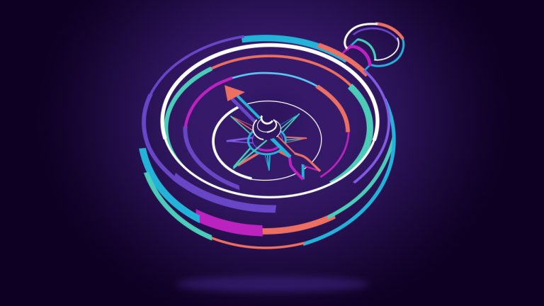 A stylized neon illustration of a compass with a circular design on a dark purple background. The compass has vibrant, multicolored rings and lines, with a prominent arrow pointing to the northwest. The image gives a sense of direction and motion.