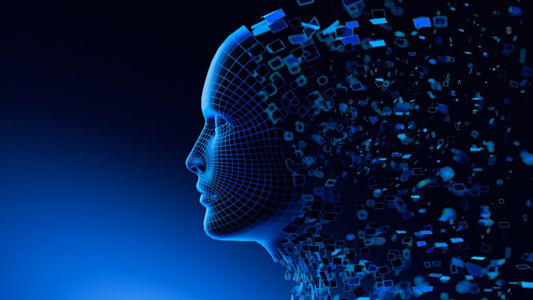 A digital representation of a human head made of a blue wireframe mesh dissolving into scattered pixels and geometric shapes, set against a dark background, symbolizing the concept of technology, artificial intelligence, or data disruption.