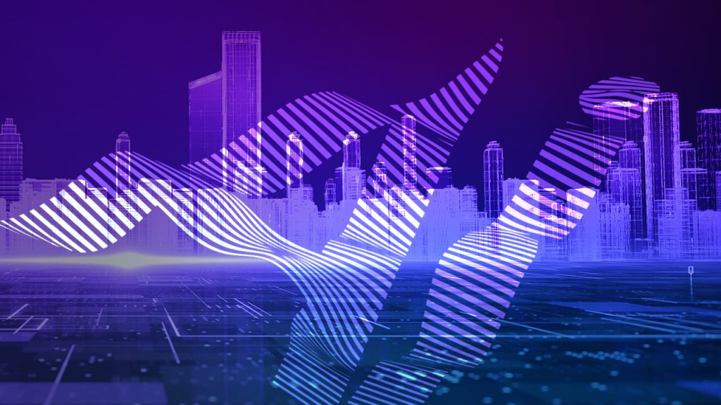 A digitally created cityscape with glowing skyscrapers is set against a purple and blue gradient background. White, wavy, striped lines overlay the city, creating an abstract and futuristic appearance. The overall ambiance is vibrant and tech-inspired.