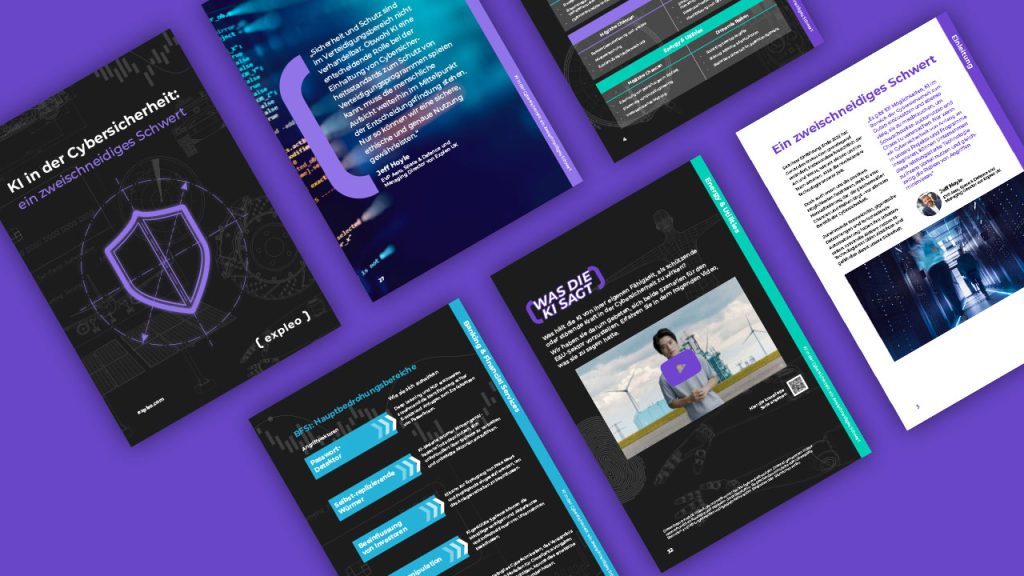 A display of magazine pages with a purple background. The pages feature text and images related to cybersecurity and AI, including graphics, a shield icon, and a person holding a laptop. Text is predominantly in German.