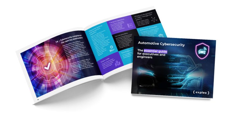 Image of an open booklet and a closed booklet titled "Automotive Cybersecurity: The essential guide for executives and engineers." The open booklet displays colorful graphics, text blocks, and icons related to cybersecurity, while the closed one shows a stylized car graphic.