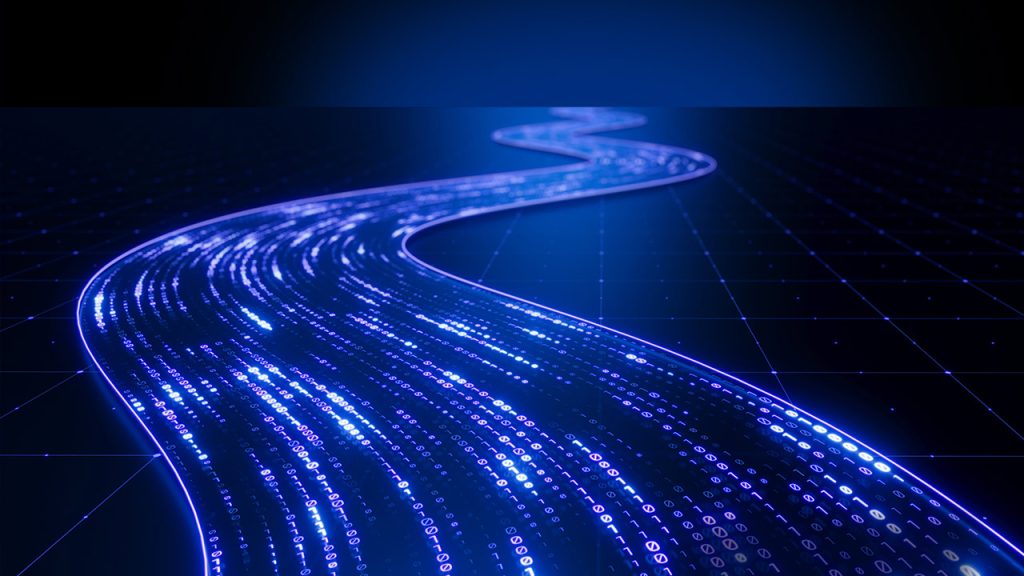 A glowing digital stream of binary code winds across a dark, grid-patterned surface. The blue and purple lights create an illuminated path, suggesting the flow of digital information through a technological landscape.