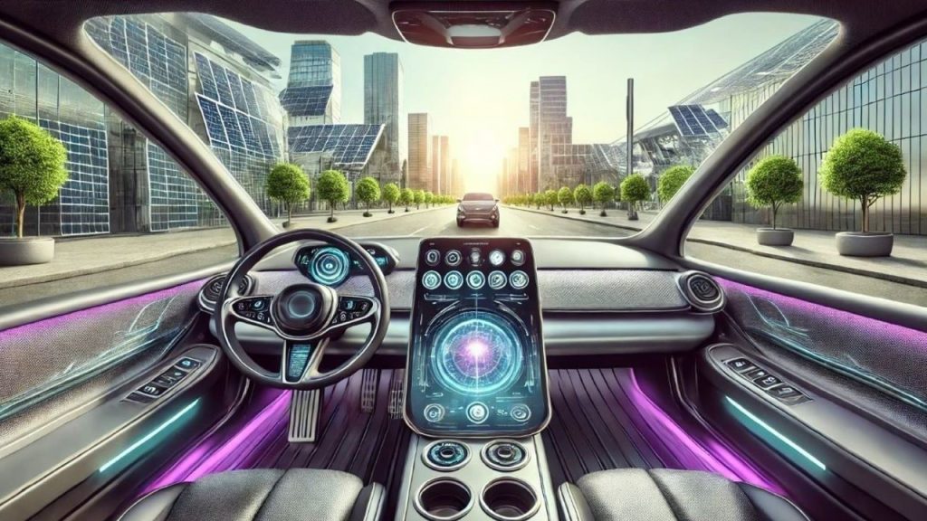 Futuristic car interior featuring a sleek dashboard with a large, central touchscreen displaying various controls. The windshield reveals a solar-powered cityscape with contemporary buildings and tree-lined streets. Ambient lighting accents the modern design.