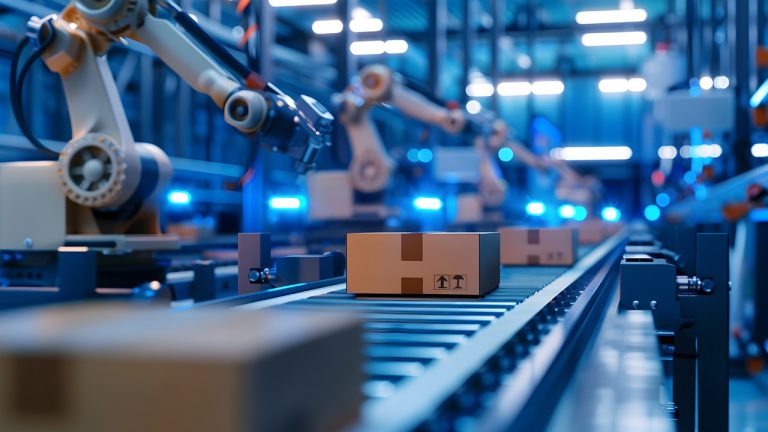 A high-tech factory scene with robotic arms sorting and moving cardboard boxes on a conveyor belt. The environment is illuminated with blue lighting, creating a futuristic atmosphere. The focus is on the boxes in the foreground as they move along the line.