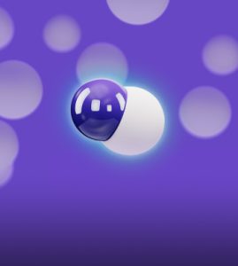 A shiny, dark blue and white 3D sphere with a glowing outline floats against a purple background with blurred white circles.
