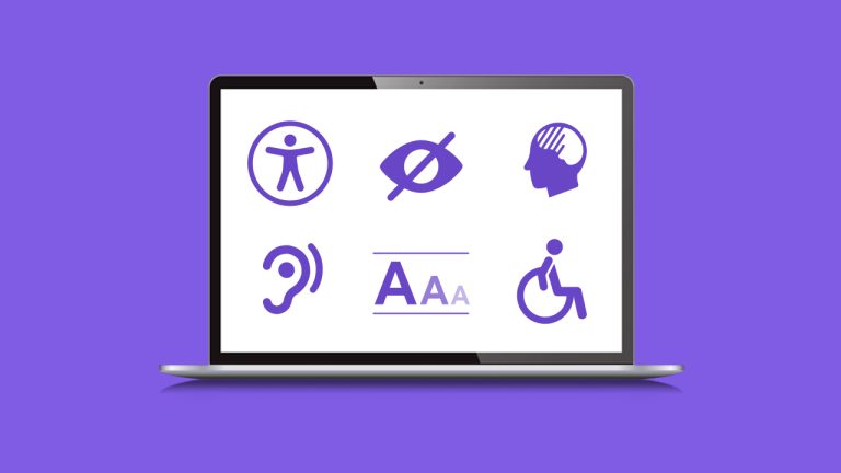 A laptop displays six purple accessibility icons on a white screen, including symbols representing physical accessibility, visual impairment, cognitive disability, hearing impairment, text size, and wheelchair access. The background is purple.
