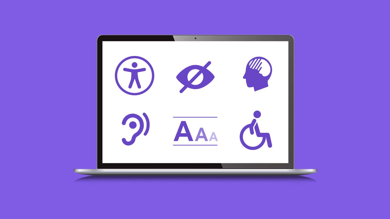 A laptop displays six purple accessibility icons on a white screen, including symbols representing physical accessibility, visual impairment, cognitive disability, hearing impairment, text size, and wheelchair access. The background is purple.