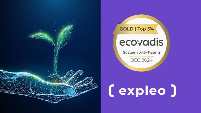 A digital hand made of blue lines holds a glowing plant. Next to it, a gold badge reads "ecovadis Sustainability Rating DEC 2024 Top 5%." Below, the word "expleo" is displayed on a purple background.