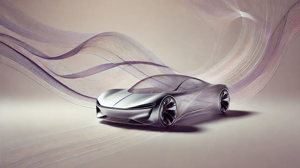 Futuristic silver car with sleek design and aerodynamic lines. Translucent, ribbon-like streams flow around it, suggesting motion and wind dynamics. Neutral, soft-toned background enhances modern and innovative appearance.