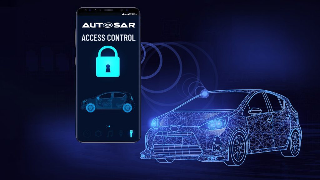A smartphone screen displays "AUTOSAR Access Control" with a lock icon. Next to it is a digital wireframe illustration of a car, conveying smart vehicle security and access control via mobile device.