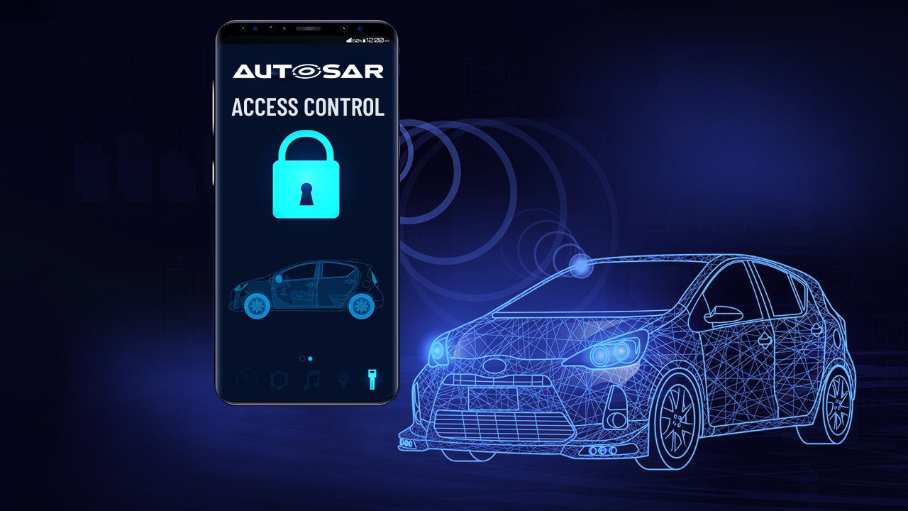 A smartphone screen displays "AUTOSAR Access Control" with a lock icon. Next to it is a digital wireframe illustration of a car, conveying smart vehicle security and access control via mobile device.
