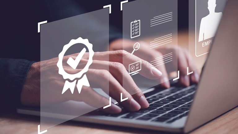 A person types on a laptop keyboard with digital icons overlaid, including a check mark in a ribbon, forms, and an ID card, representing certification, documents, and identity verification.