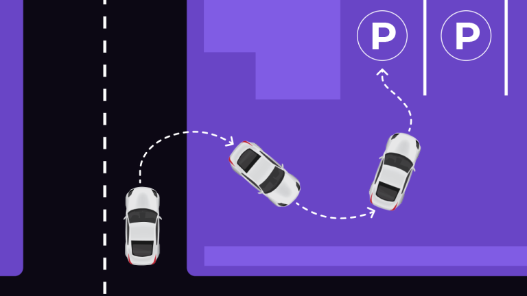 Illustration of a car turning right into a parking lot, then maneuvering into a parking space, with dashed arrows showing the car's movement path. Two empty parking spots are visible.