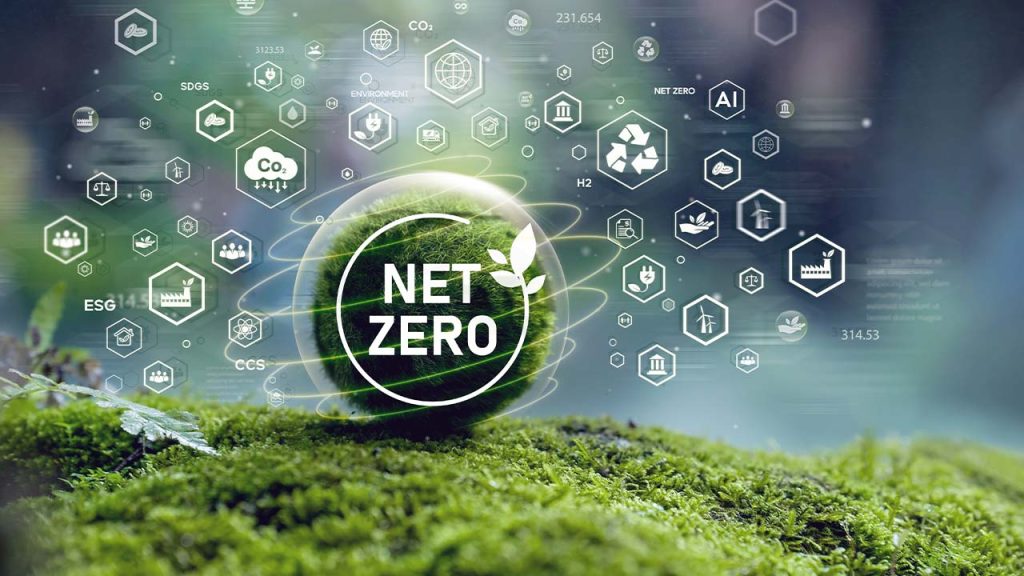 A mossy surface with a glowing sphere labeled "NET ZERO" surrounded by eco-related icons and terms like CO2, ESG, CCS, H2, AI, and Environment, representing sustainability and climate action.