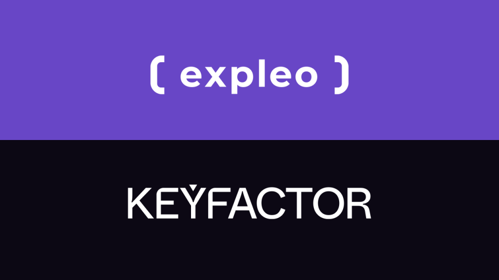 The image is split horizontally. The top half has a purple background with the word "( expleo )" in white. The bottom half has a black background with the word "KEYFACTOR" in white uppercase letters.