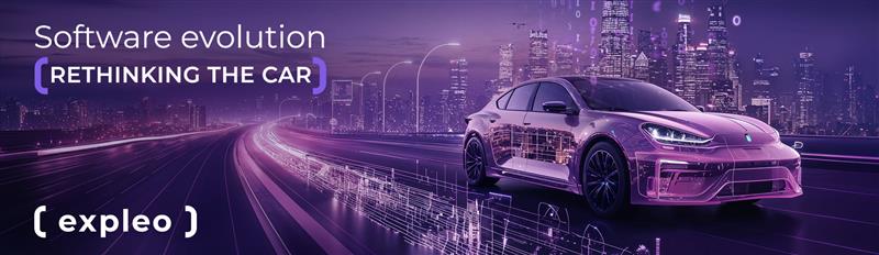 A futuristic car drives on a digitalized highway with a city skyline in the background. Text reads: "Software evolution. Rethinking the car." Expleo logo is displayed at the bottom. Neon purple tones dominate the image.
