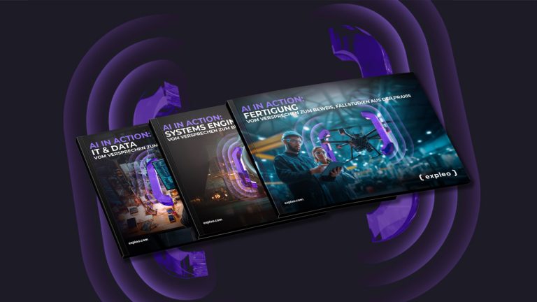 Three German-language booklets titled "AI in Action" on IT & Data, Systems Engineering, and Manufacturing are displayed, featuring futuristic cover designs with purple circuitry and a factory scene.