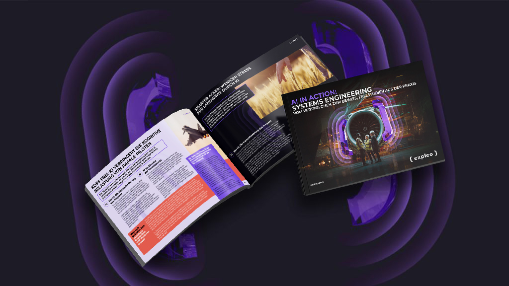 Two open books on a dark background. One shows colorful graphics and text on engineering, the other features a vivid cover with people, neon lights, and the title “AI IN ACTION: SYSTEMS ENGINEERING.” Purple waves encircle the books.