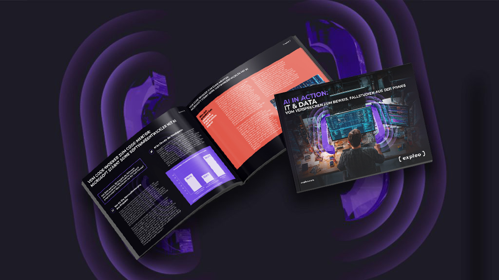 Two open magazines are displayed on a dark, abstract background. The cover shows a person looking at screens with digital data visualizations, and the pages contain text and graphics about AI and data topics.